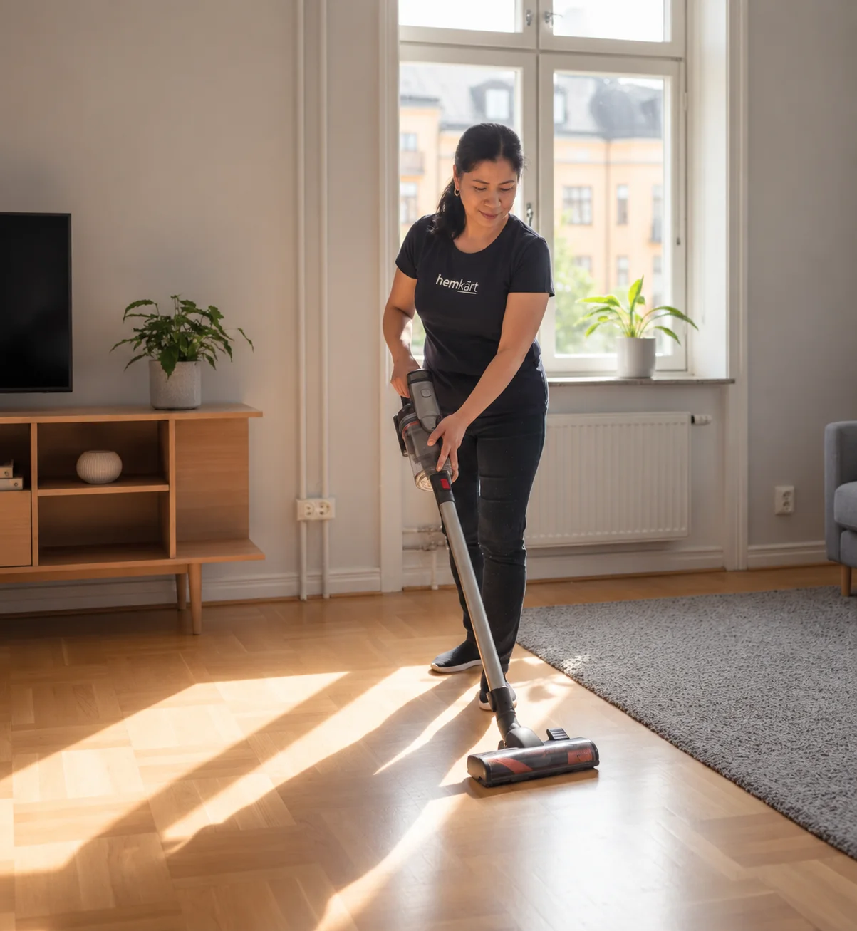 En av Hemkärts städare dammsuger ett vardagsrum